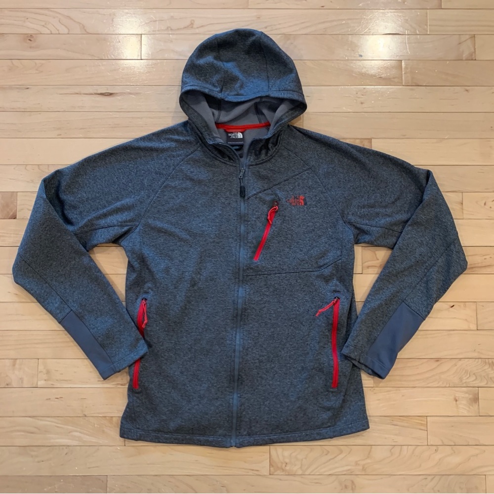 The North Face men’s size medium gray red hooded sweatshirt light fleece jacket